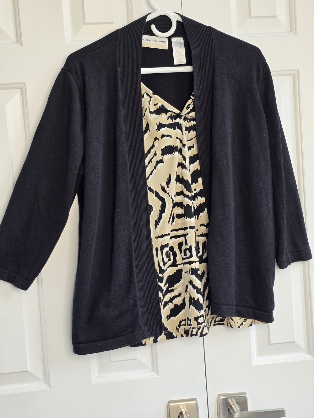 Alfred Dunner Black Open-Front Cardigan with Cream & Black Printed Shell